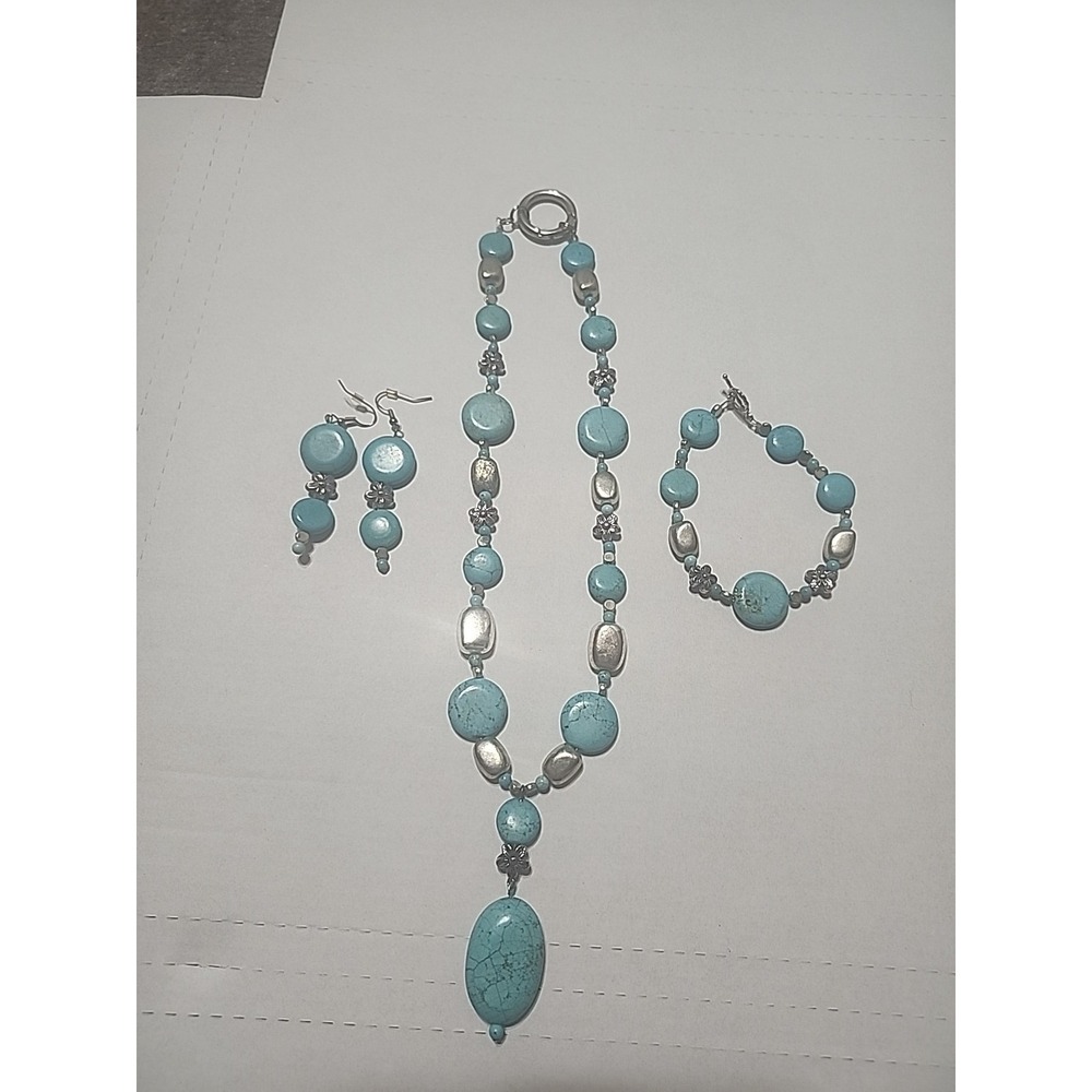 Boho Chunky Turquoise and Silver Jewelry Set Necklace, Bracelet & Dangle Earring